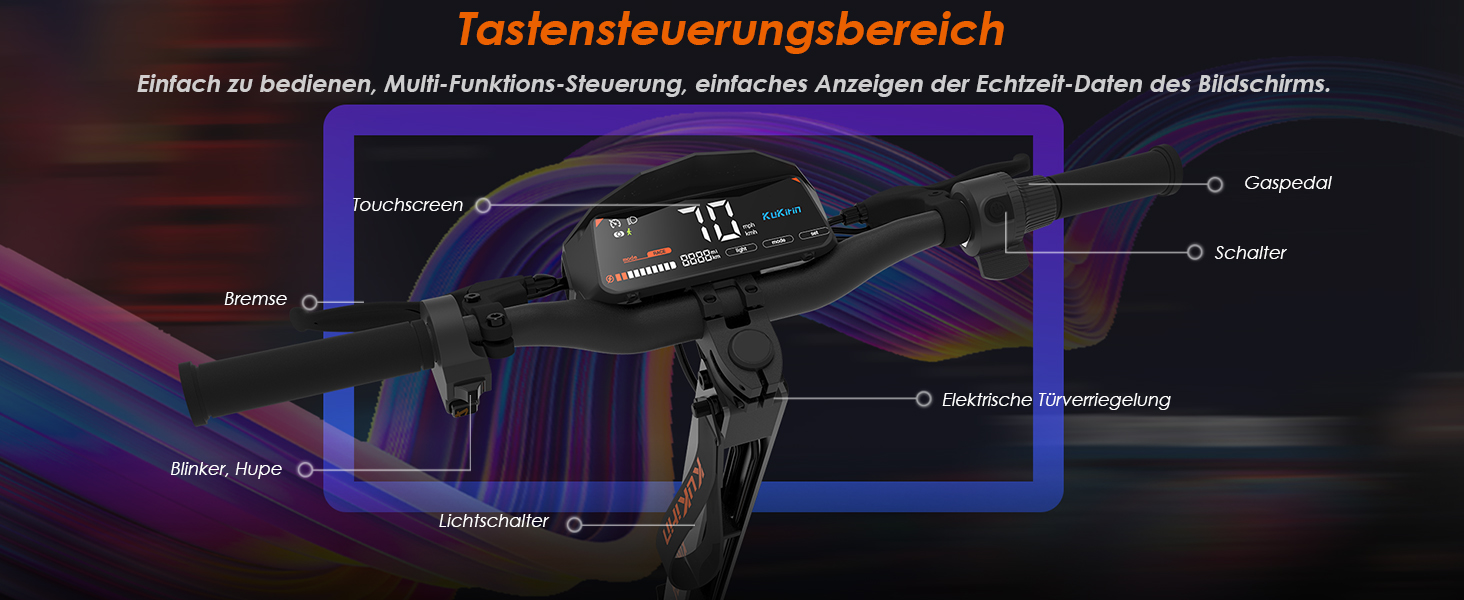 Technisches Produktdiagramm, das die Bedienoberfläche mit beschrifteten Tasten und Funktionen vor dunklem Hintergrund mit blauen und violetten Lichteffekten zeigt.