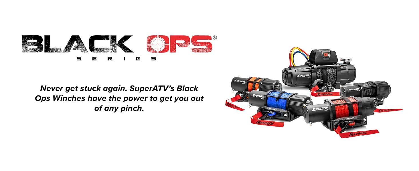Pile of 5 winches. Red, orange, blue and black rope