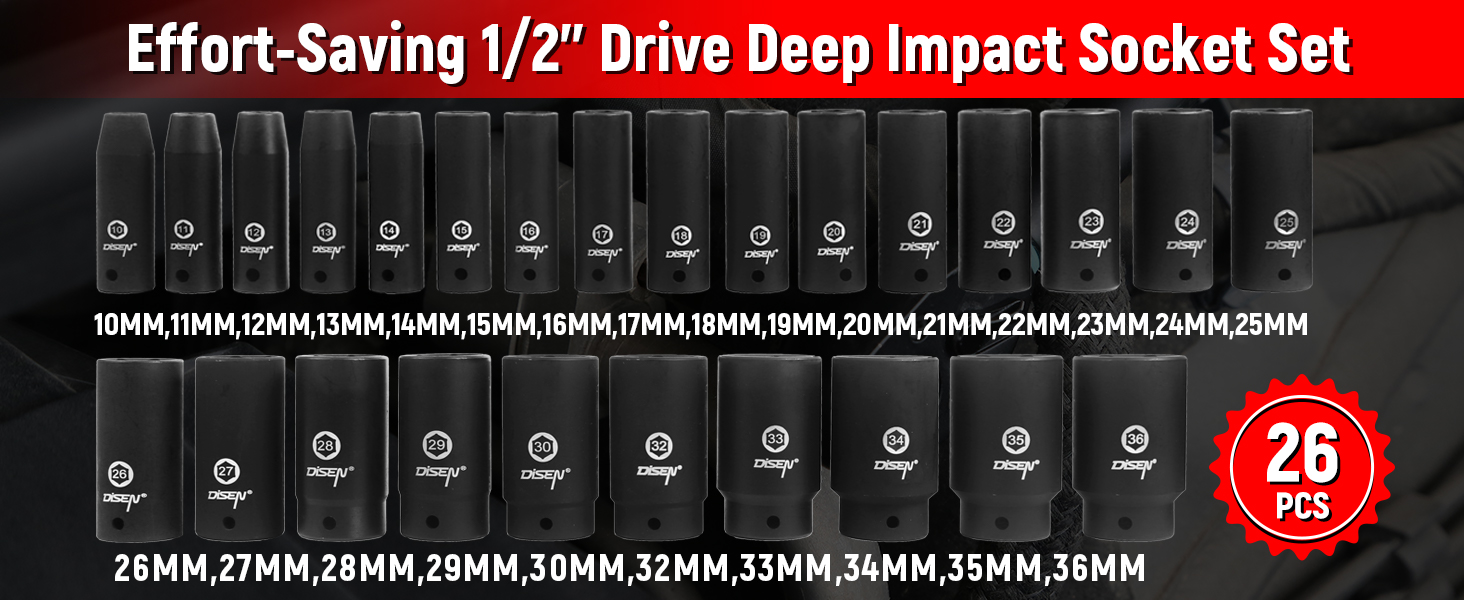 DISEN Impact Socket Set 1/2 Inches 26 Piece Deep Sockets Set Impact