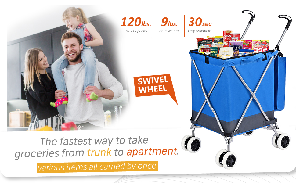 Supenice Folding Grocery Shopping Cart Rolling Utility Cart with 360° Double Front