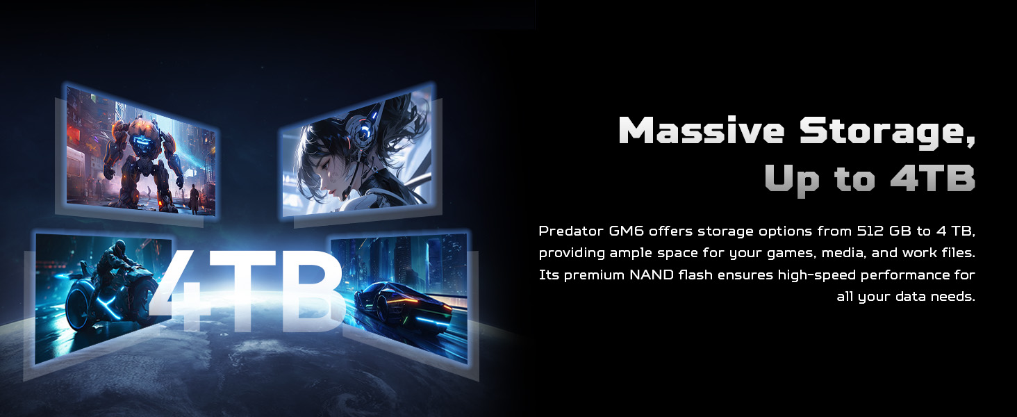 Three gaming-oriented screens displaying action scenes, with text highlighting massive storage capacity up to 4TB for games, media, and work files.
