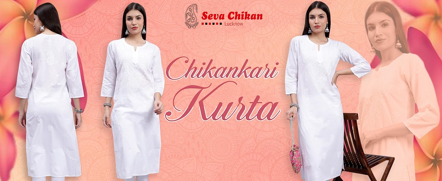 Seva Chikan Hand Embroidered White Cotton Lucknowi Chikankari Women Kurta