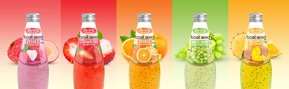 Lychee , Strawbery , Orange , Grape , Pineapple Basil Seed