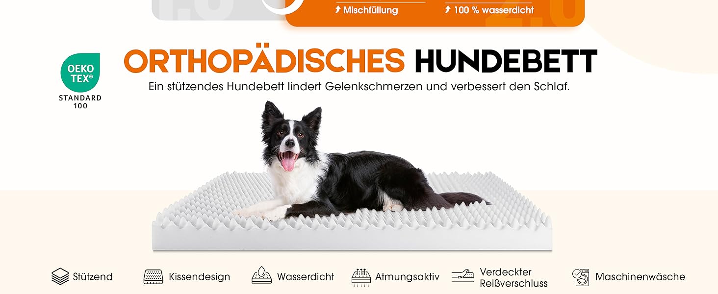 Der Text lautet „ORTHOPÄDISCHES HUNDEBETT“. Seite mit der Produktliste, die ein orthopädisches Hundebett zeigt, auf dem ein Border Collie ruht, mit Navigationssymbolen darunter.