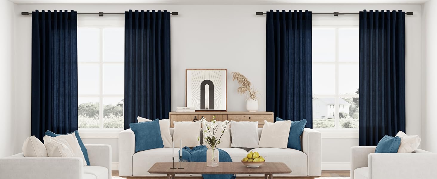 Joywell Navy Blue Back Tab Rod Pocket Linen Curtains 96