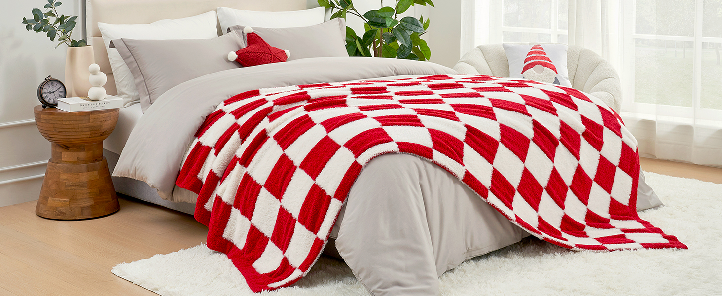 Red Checkered Faux Fur Throw Blanket