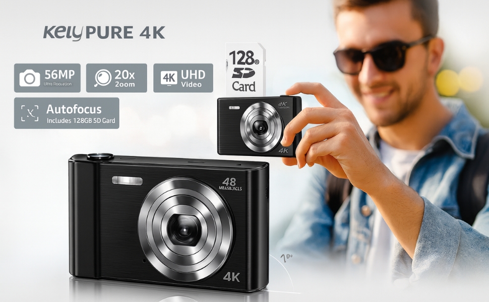 KELY PURE 4K digital camera hero banner showing sleek black compact camera with 56MP