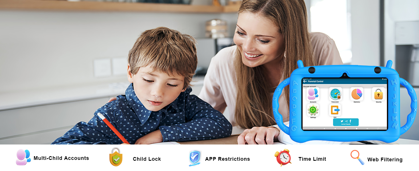 Child using a blue tablet device with an adult. Screen shows colorful app icons. Bottom of image displays various app category icons.