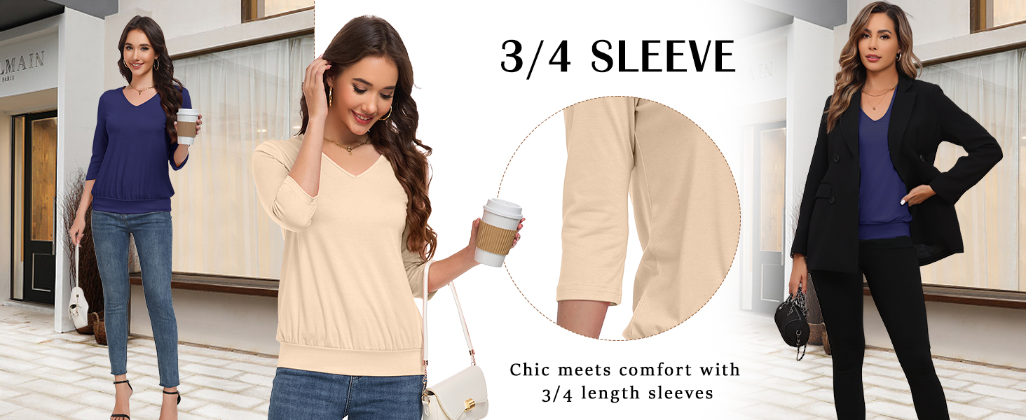 3/4 Length Sleeve Womens Tops