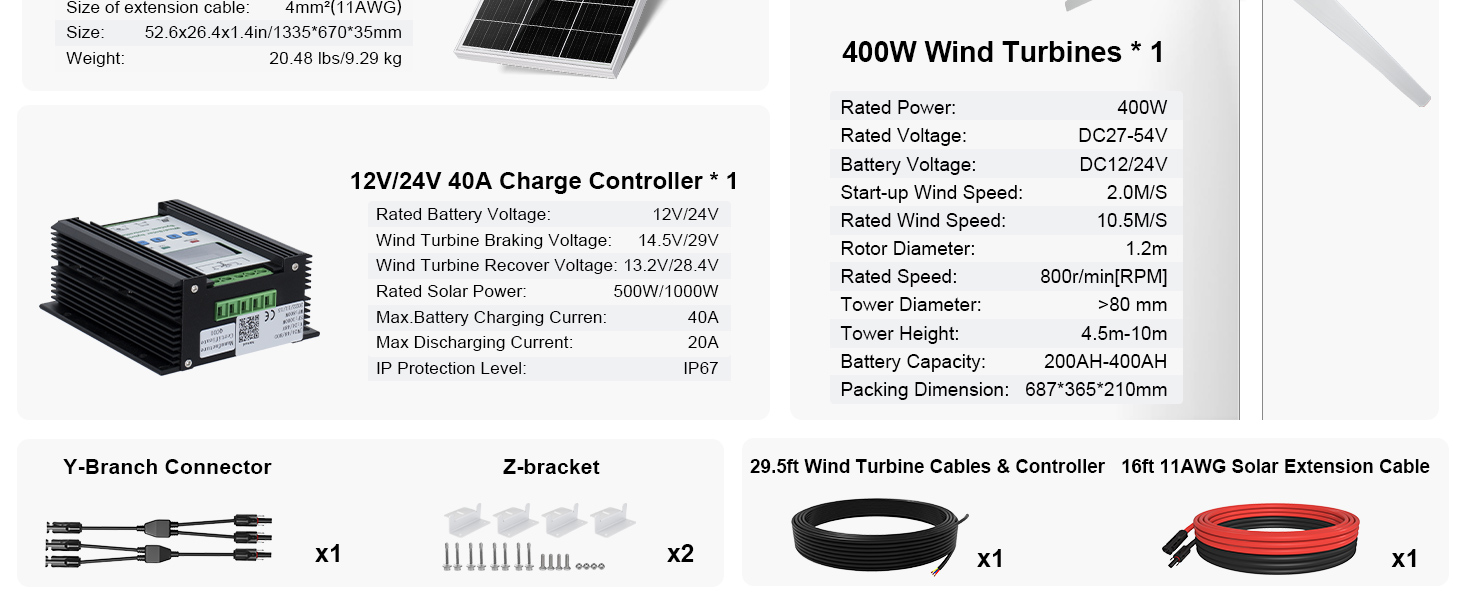 ECOWORTHY 800W Solar Wind Power Kit 1x 400W Wind Turbine Generator