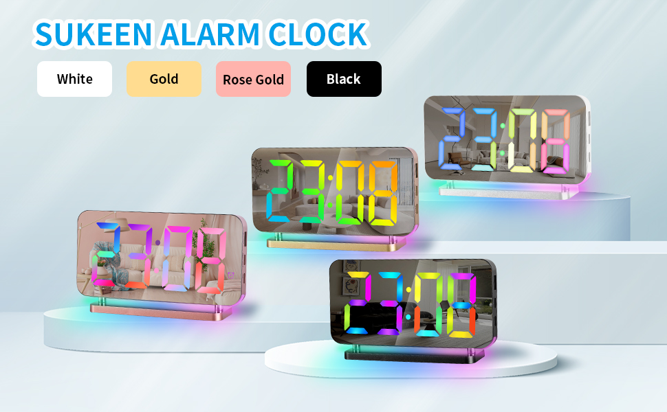 Sukeen Alarm Clock, 7.4" LED Digital Clock, Mirror Clock with 11 Colors