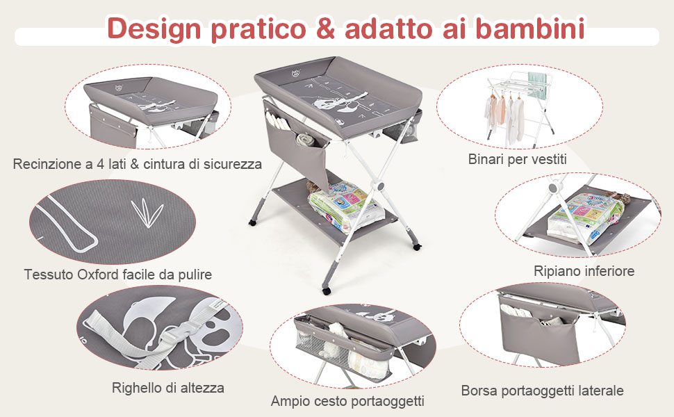 COSTWAY Fasciatoio Pieghevole Per Neonati, Mobile Tavolo Cambio Pannolini 4 In 1 Portatile, Altezza Regolabile, 75x80x99-105 Cm, Con Ruote E Cintura Di Sicurezza, Portata Massima 30 Kg (Grigio) 12 5