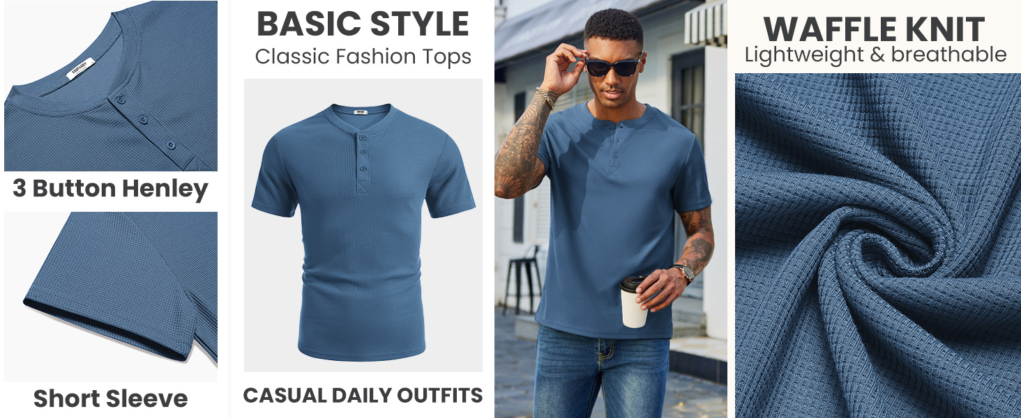 3 button waffle henley shirts for men