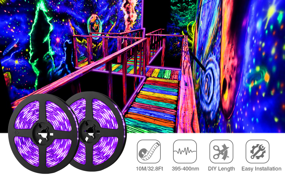 33ft UV Black Light Strip Kit, LaluceNatz 600 LED Blacklight Ribbon