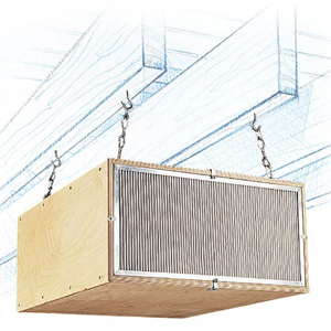 An air scrubber is suspended with chains from a ceiling