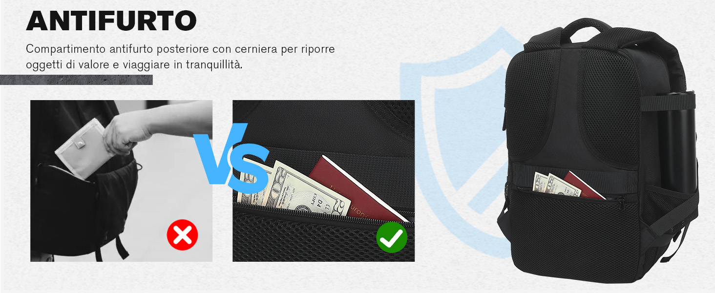 Zaino antifurto nero con tasca posteriore nascosta per oggetti di valore. Le immagini di confronto mostrano l'utilizzo non sicuro della tasca anteriore e della tasca posteriore sicura per riporre oggetti come passaporti