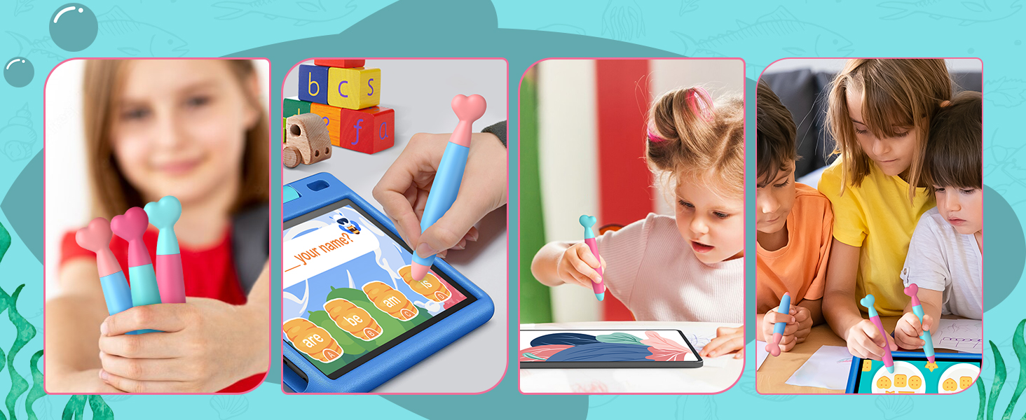 Montage of children engaged in educational activities. Images show kids using building blocks, drawing tools, and interactive learning devices.