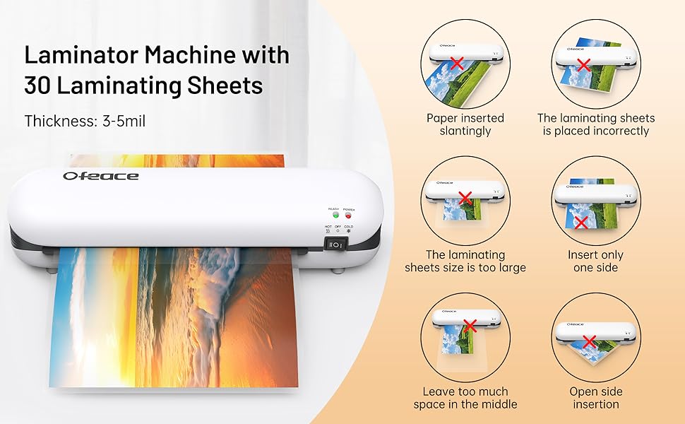 Ofeace Laminator, A4 Laminator Machine with 30 Laminating Pouches A4 A5