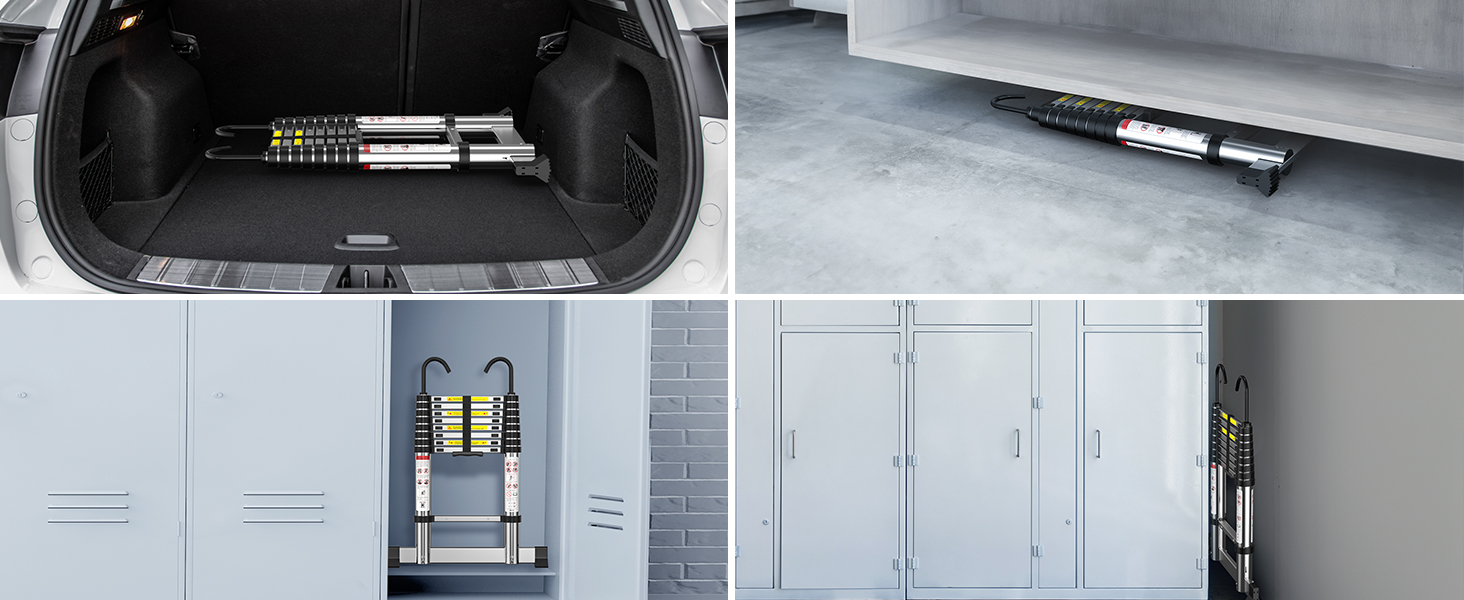 Four-panel image of vehicle storage solutions. Shows trunk organizer, under-seat storage, locker-style cabinets, and wall-mounted storage rack.