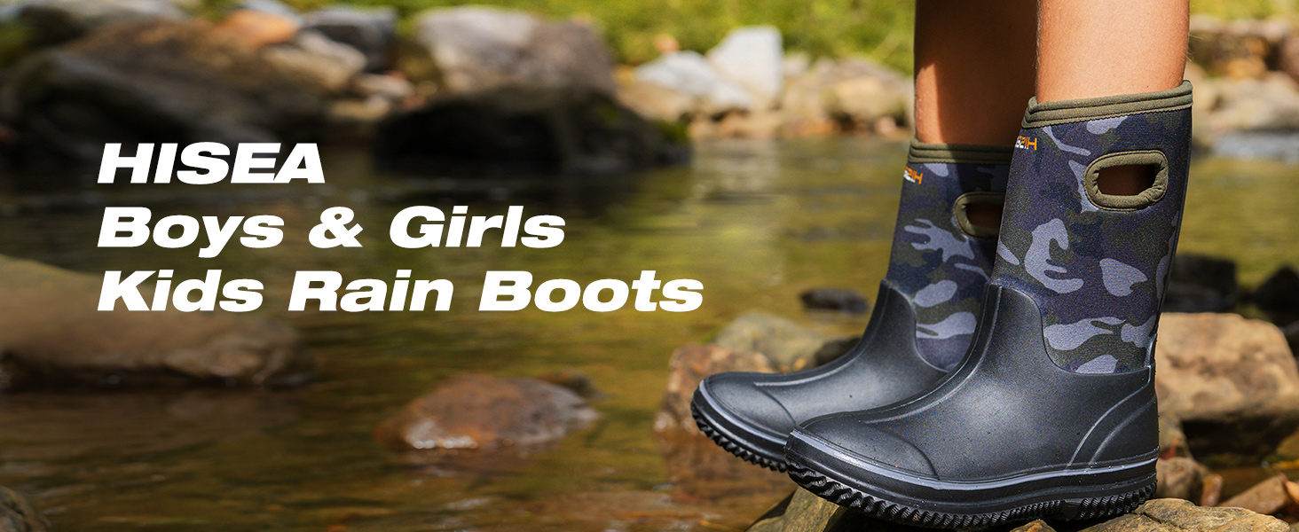 HISEA Kids Rain Boots for Boys Girls Rubber Neoprene Boots Outdoor Boots Rainboot Mud Boots