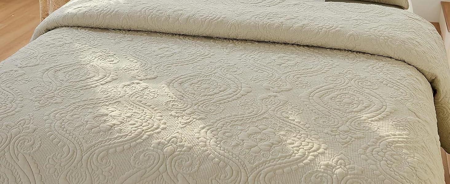 Brandream Queen Size Quilt Set Cotton Olive Green Damask