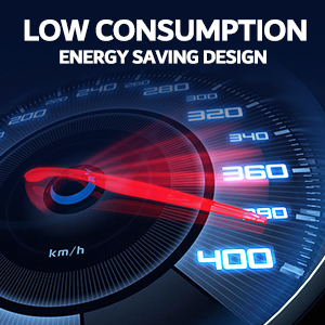 Digital speedometer display highlighting energy-saving design. Needle points to low speed, emphasizing low consumption. Blue and red illumination on black background.