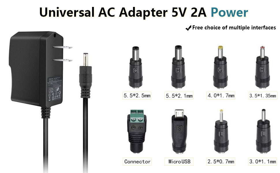 Universal 5V 1A 2A ac Adapter Power Supply Cord with 8 DC