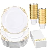 144 PCS Gold Plastic Dinnerware, Disposable Gold Rim Plastic Plates for 48 Guest, Include Dessert...