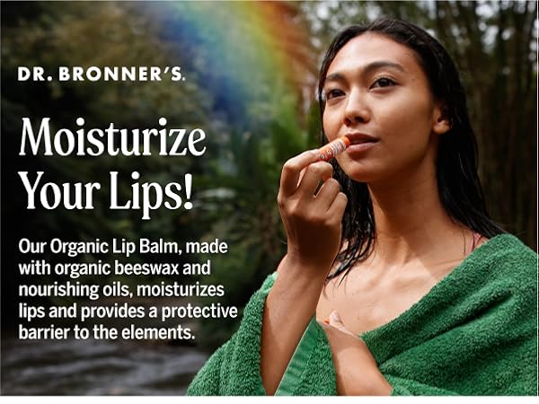 Dr. Bronners Organic Lip Balm, beeswax, nourishing oils moisturizes lips 