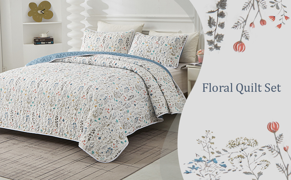 Yiran Floral Botanical King Size Quilt Set 3 Pieces