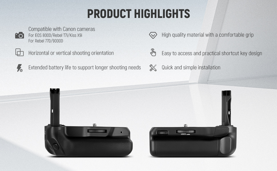 Two black camera battery grips shown with product highlights. Compatible with Canon cameras, extended battery life, and easy access features mentioned.