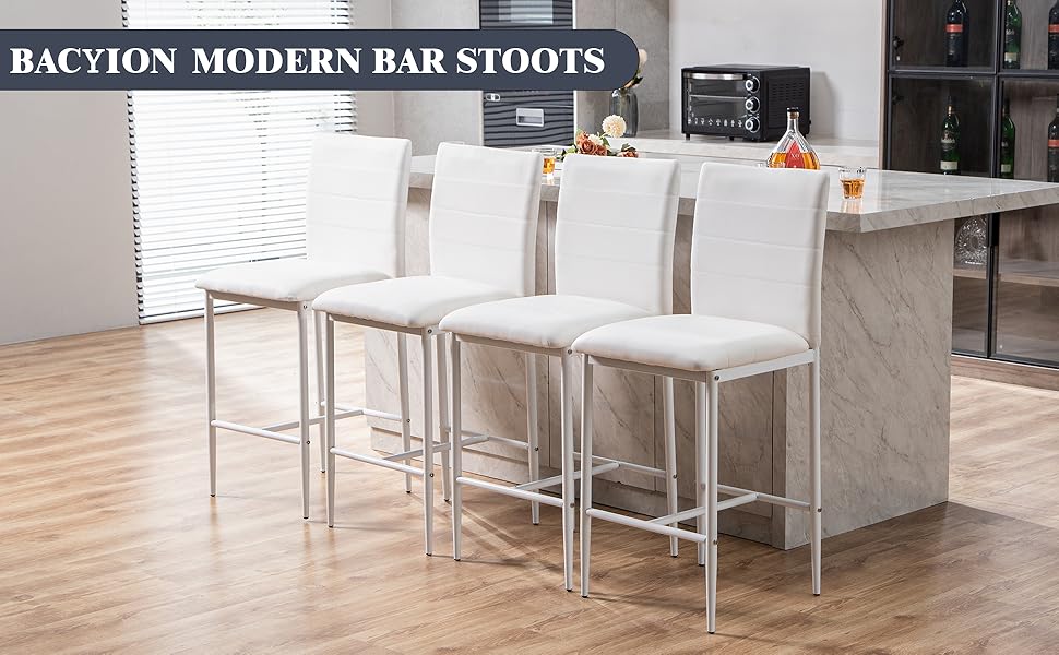 Bacyion Modern Design 26 Inch Bar Stools for Kitchen Counter Island, 4 Faux Leather