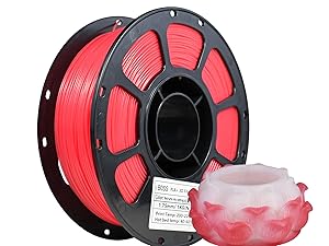 Plusieurs vues de bobines de filament d'imprimante 3D rouges avec un emballage ou un revêtement protecteur transparent.