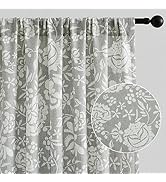 Vision Home Light Gray Floral Semi Sheer Curtains Rod Pocket Back Tab Print Jacobean Linen Textur...