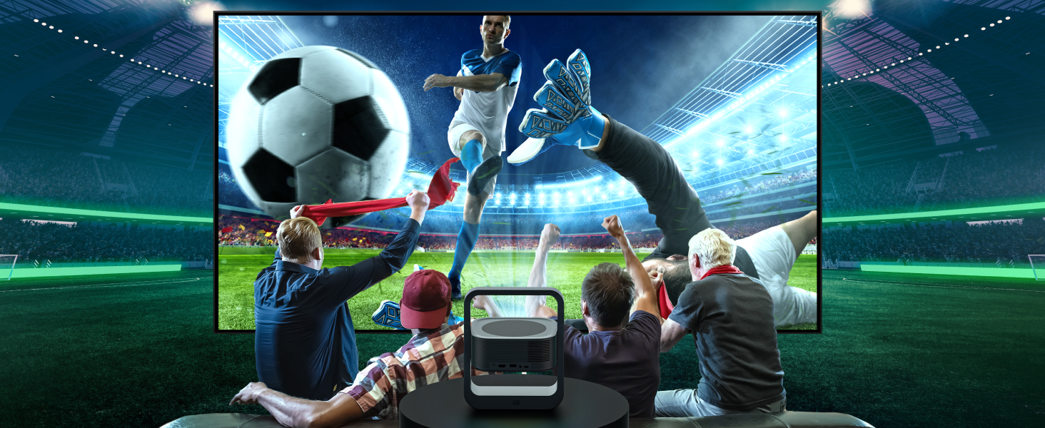 diffusant un match de football sur grand écran avec des spectateurs regardant un moment de jeu spectaculaire.