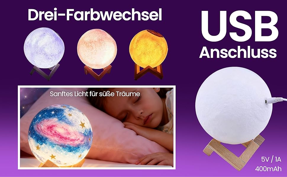 Der Text lautet „Drei-Farbwechsel“ und „USB Anschluss“. Das farbwechselnde USB-Licht wird mit weißen, orangen und gelben Beleuchtungsoptionen angezeigt.