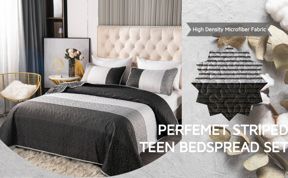 PERFEMET Gray Striped Patchwork Quilted Bedspread Set Black