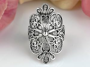 Filigree Art Sterling Silver Cross Design Woman Statement Ring