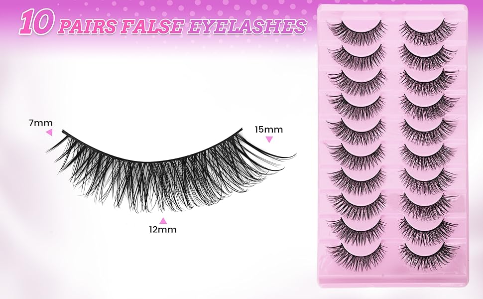 10 Pairs Wispy False Eyelashes with Clear Band, 14MM Fluffy Cat Eye Lashes