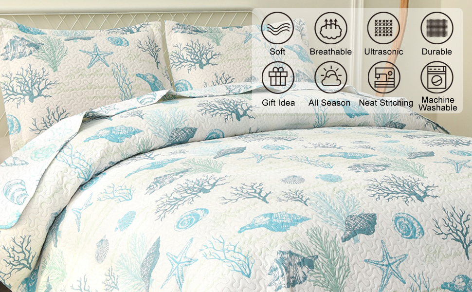 Oliven Reversible Coastal Beach Theme Quilt Set King Size Ocean Coral Bedding