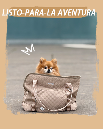 Pecute Large Portable Pet Travel Bag with Pockets Multifunctional Organizer for Outdoor Use Travel Set with 2 Food Bags + 2 Collapsible Bowls 22 El texto dice «LISTO PARA LA AVENTURA». Las imágenes muestran la bolsa de transporte para mascotas de color marrón y beige en diferentes vistas y configuraciones.