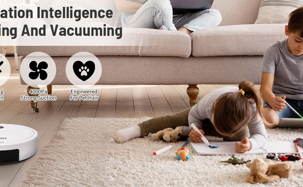 Montage showing robotic vacuum cleaner navigating around various home obstacles and furniture, demonstrating its cleaning capabilities.