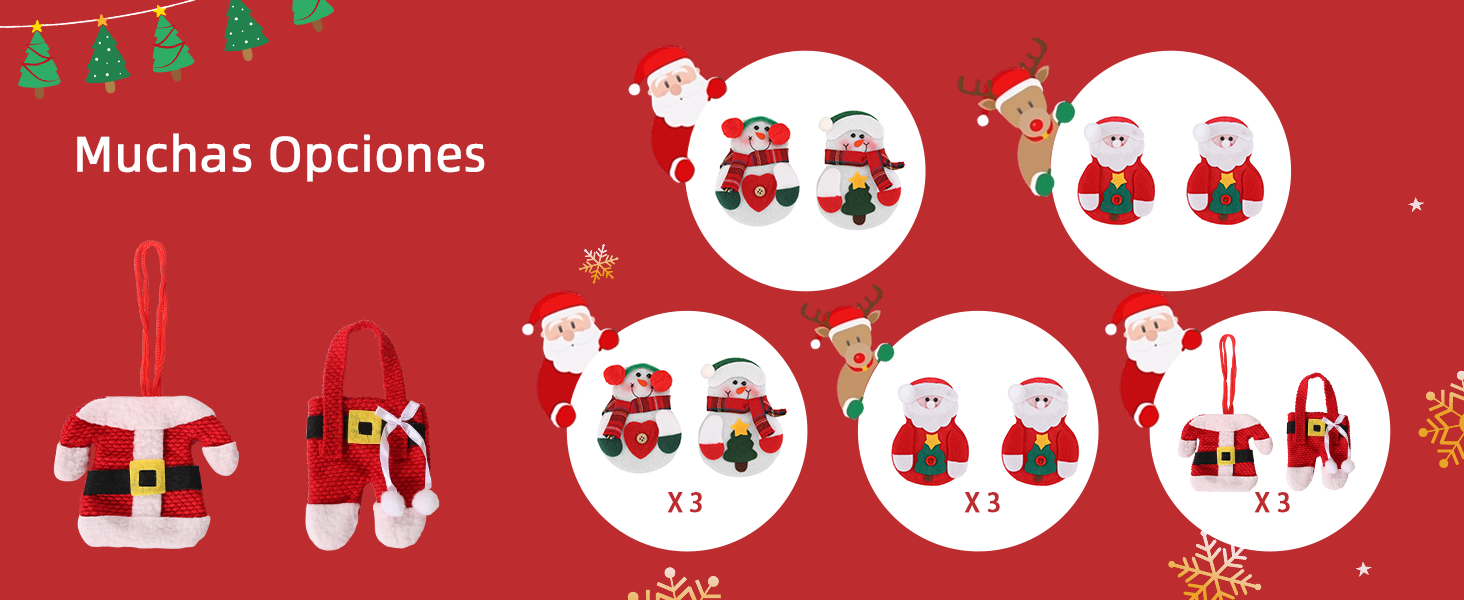 con temática navideña que muestra varios diseños de dibujos animados de Papá Noel. Texto «Muchas opciones» (Muchas opciones) en verde. Fondo rojo con estampado de copos de nieve