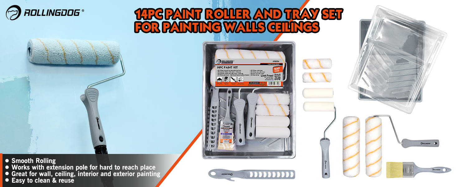 ROLLINGDOG 14PC Paint Roller Set 9" Paint Rollers and Tray, Brush