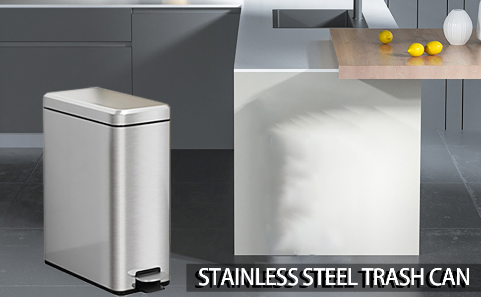 10 Liter Trash Can with Lid Soft Close, Slim Stainless Steel Step Garbage Can, Rectangular