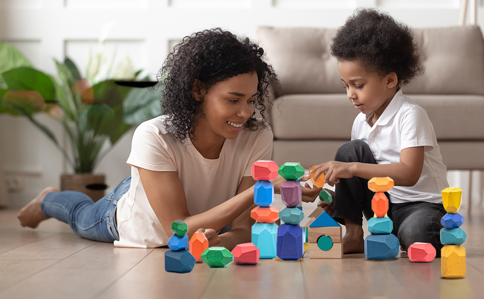 Niino 20 Pcs Wooden BlocksWooden Stone Balancing Blocks Wood Stacking