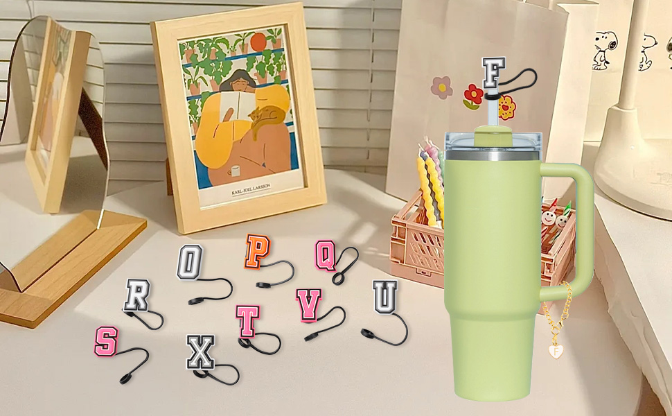 Silicone Straw Cover for Stanley Cup 30&40oz 3PCS Handle Personalized Letter Charms with 3PCS 10mm Straw Cover Cap for Stanley Cup Orange Straw Tips Lids for Stanley Cup Accessories (Letter K) 13 1