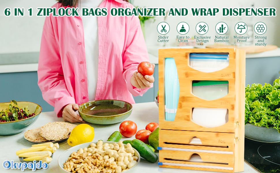 6 in 1 Ziplock Bag Organizer & Plastic Wrap Dispenser with Cutter
