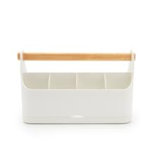 White plastic storage organizer with wooden handle featuring multiple compartments. Rectangular design with clean lines and beige interior sections.