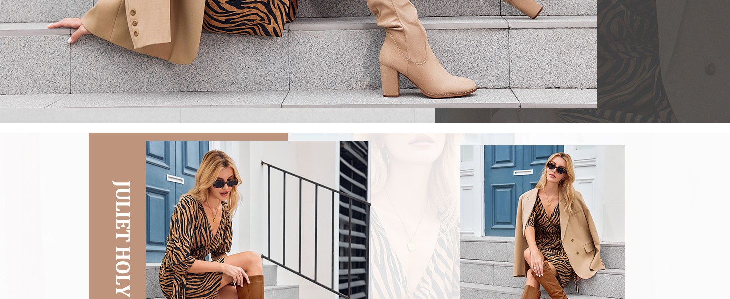 Juliet Holy Women's Knee High Boots Chunky Block Heel Wide Calf Round Toe Side Zipper Dress Boot